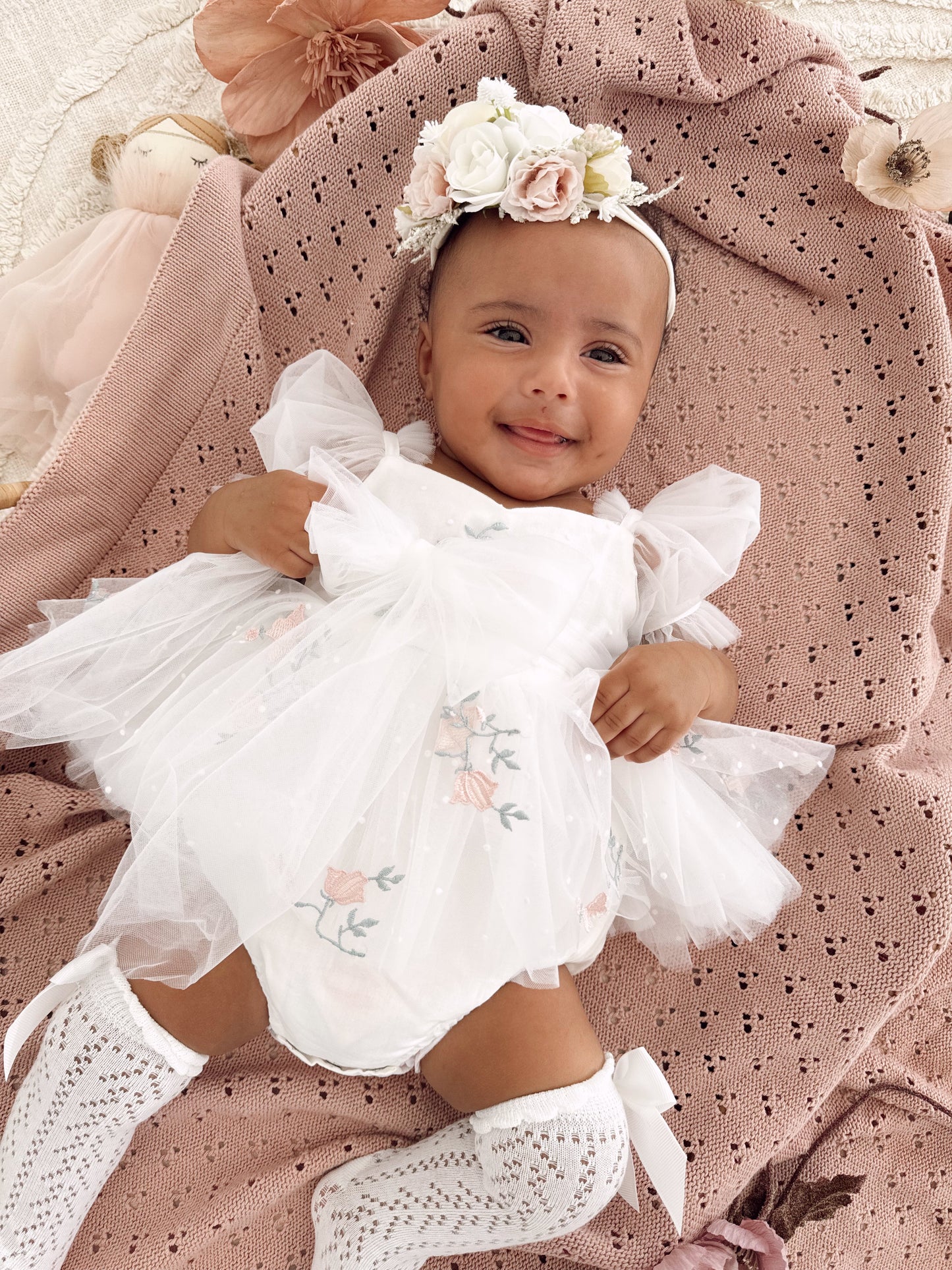 Swan Lake White Embroidered Baby Girl Tulle Party Romper