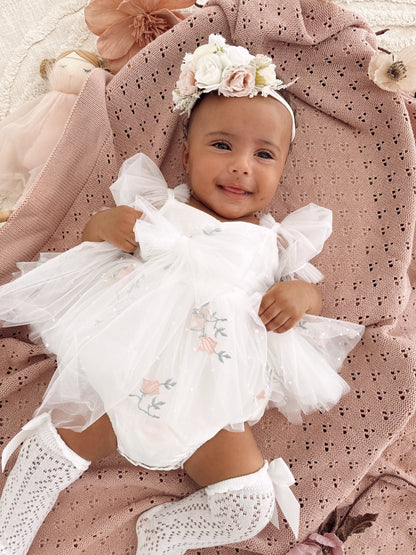 Swan Lake White Embroidered Baby Girl Tulle Party Romper