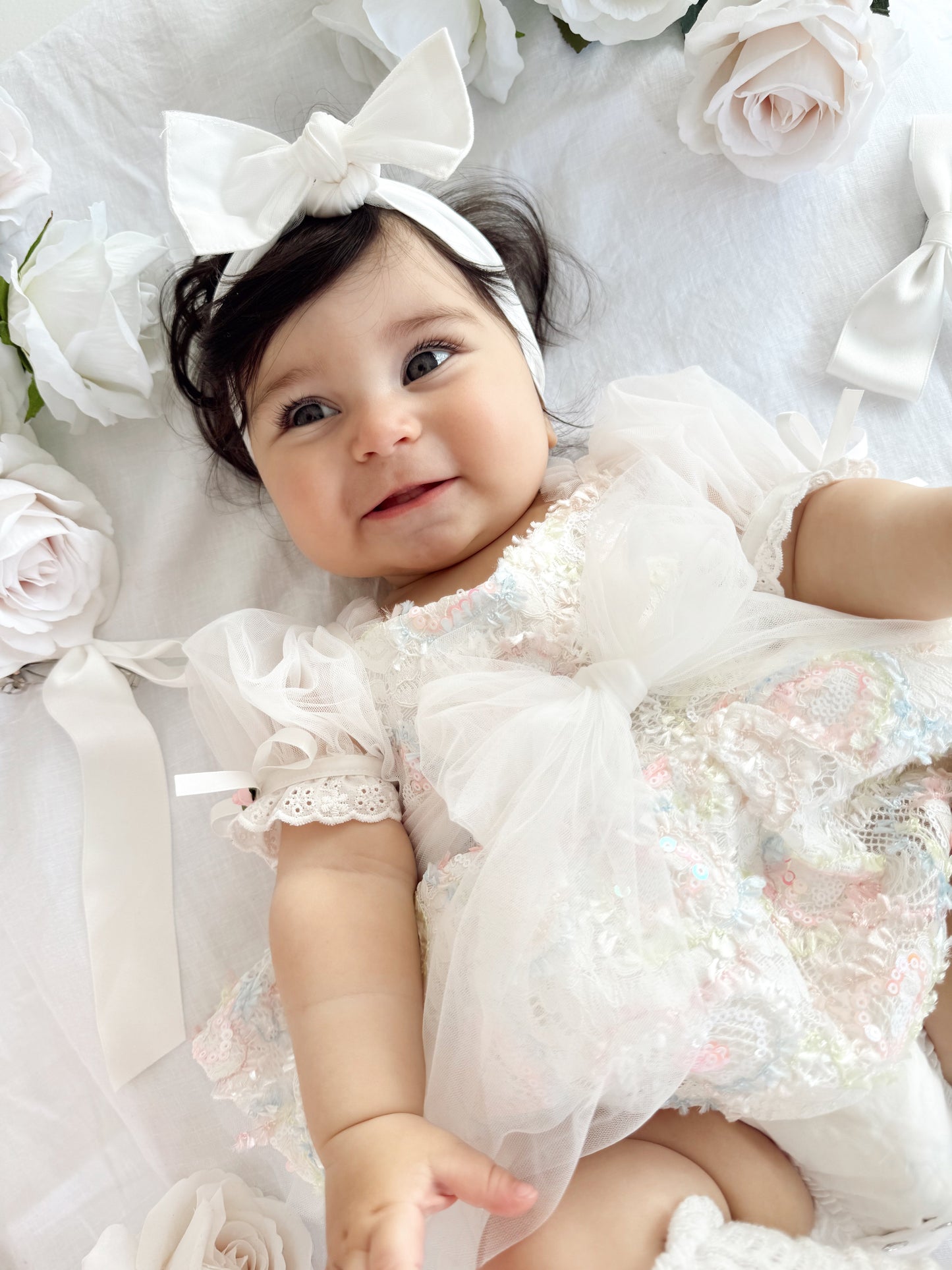 Josephine Lace Blossom Baby Girl Sequin White Tulle Party Romper