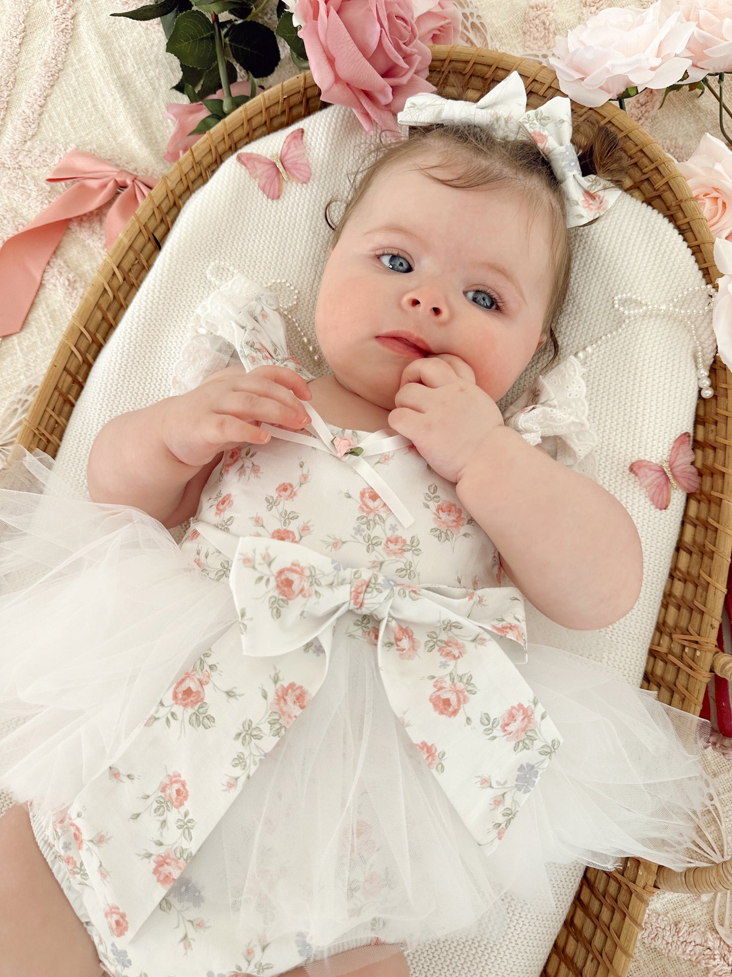 Cottage Fairy Baby Girl Floral White Tulle Party Romper