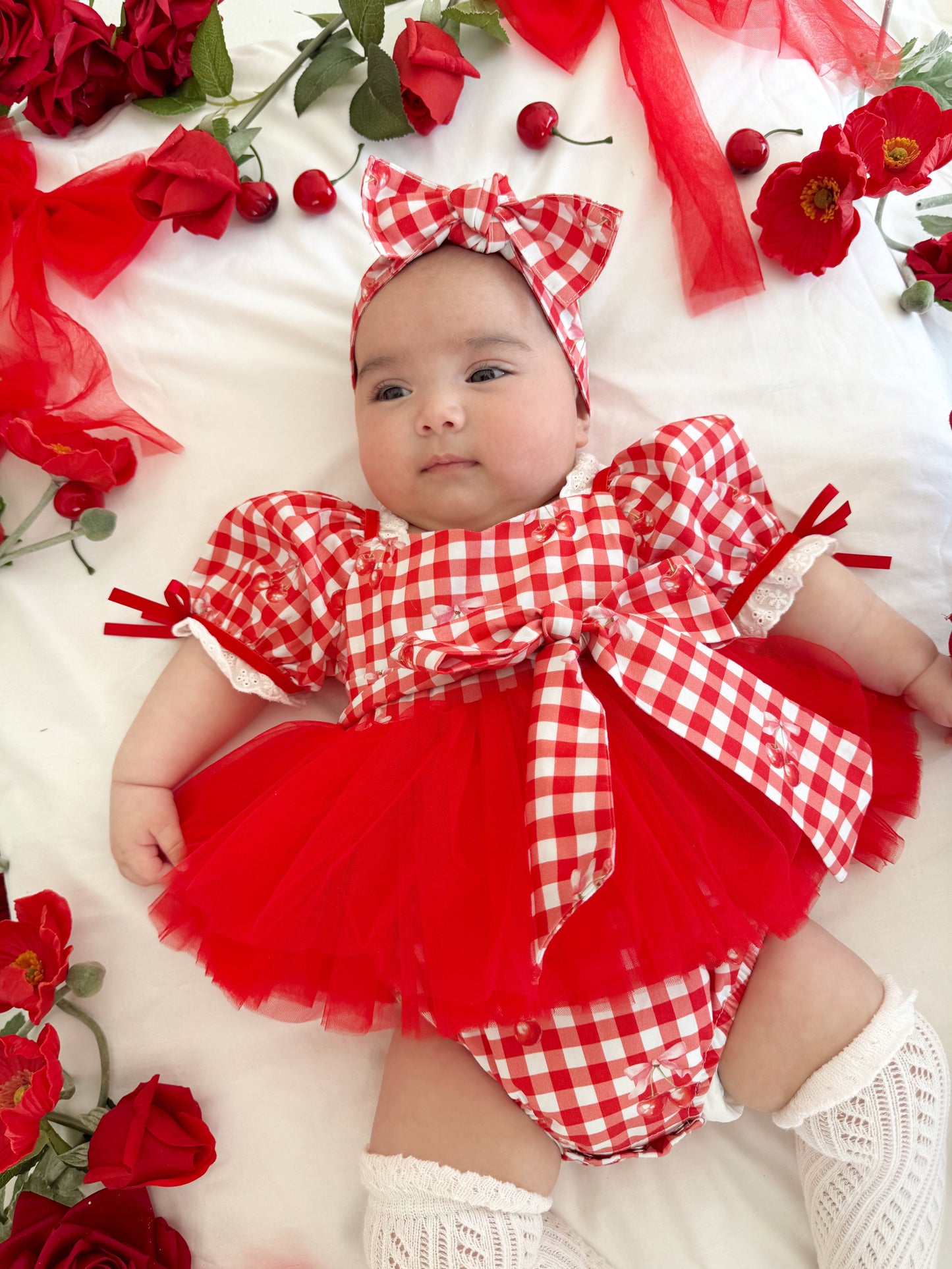 Cherry Lane Red Gingham Baby Girl Tulle Party Romper