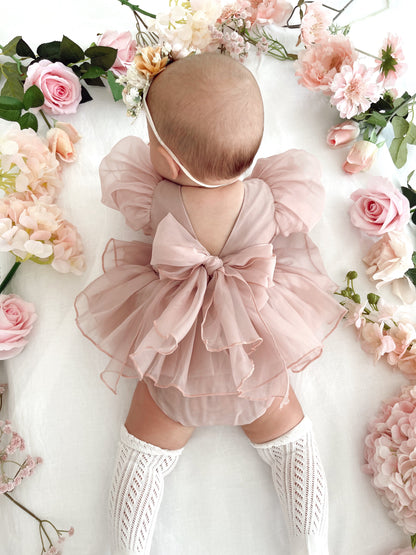 Clementine Matte Blush Rose Pink Organza Baby Girl Romper