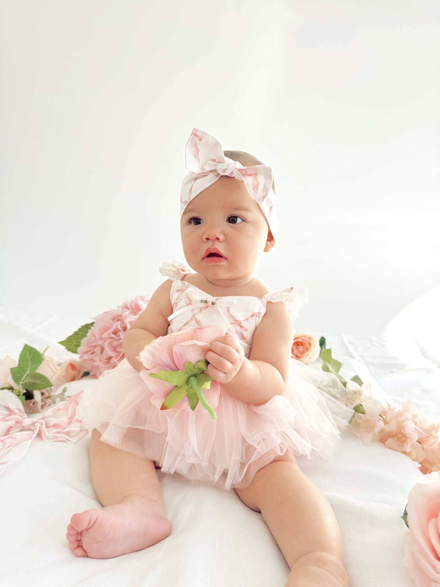 Rosette Pink Bow Baby Girl Tulle Party Romper