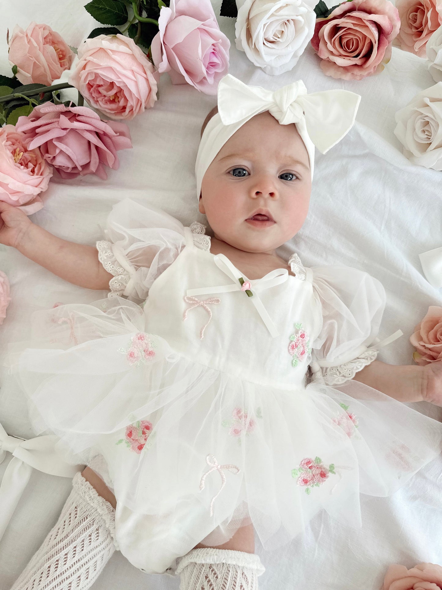 Fleur Butterfly Embroidered Baby Girl White Tulle Party Romper
