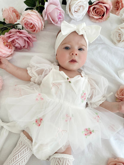 Fleur Butterfly Embroidered Baby Girl White Tulle Party Romper