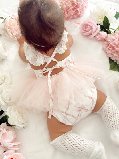 Rosette Pink Bow Baby Girl Tulle Party Romper