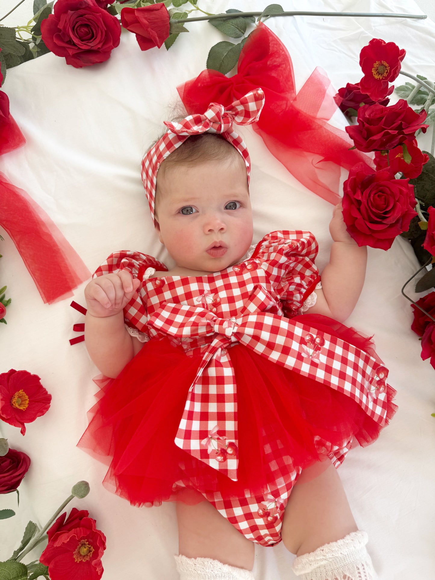 Cherry Lane Red Gingham Baby Girl Tulle Party Romper