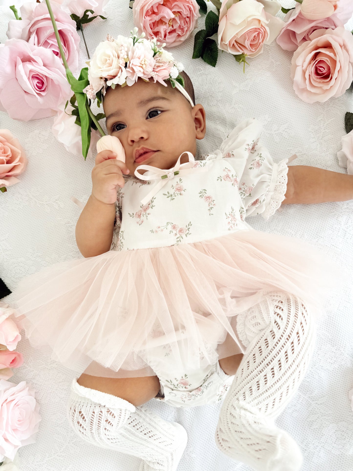 Odessa Flower Perfect Pink Floral Baby Girl Tulle Party Romper