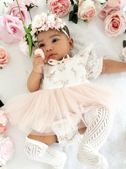 Odessa Flower Perfect Pink Floral Baby Girl Tulle Party Romper