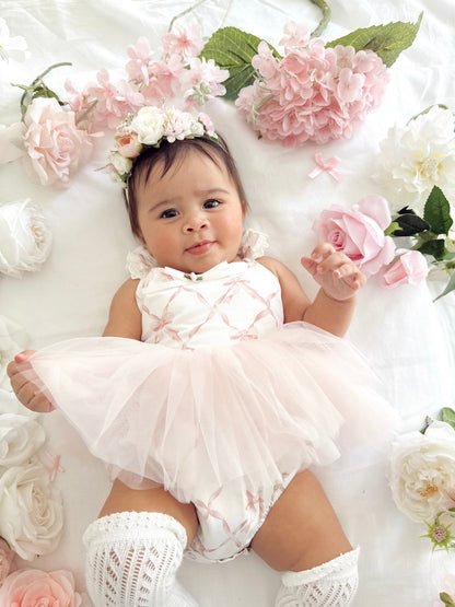 Rosette Pink Bow Baby Girl Tulle Party Romper