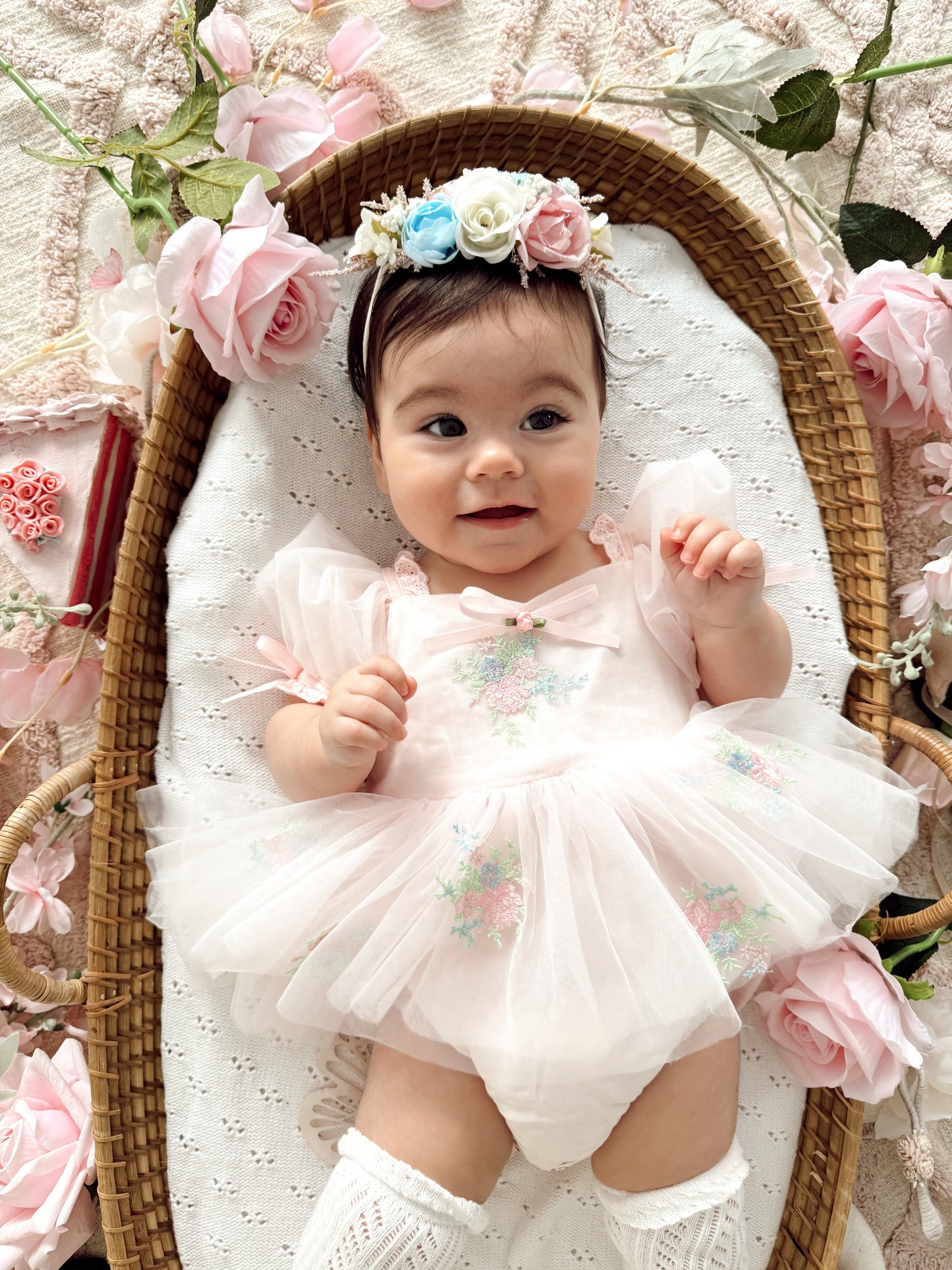 Peony Bloom Petal Pink Embroidered Baby Girl Tulle Party Romper