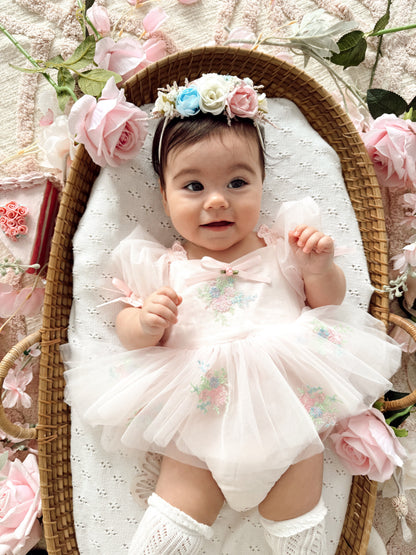 Peony Bloom Petal Pink Embroidered Baby Girl Tulle Party Romper