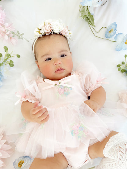 Peony Bloom Petal Pink Embroidered Baby Girl Tulle Party Romper