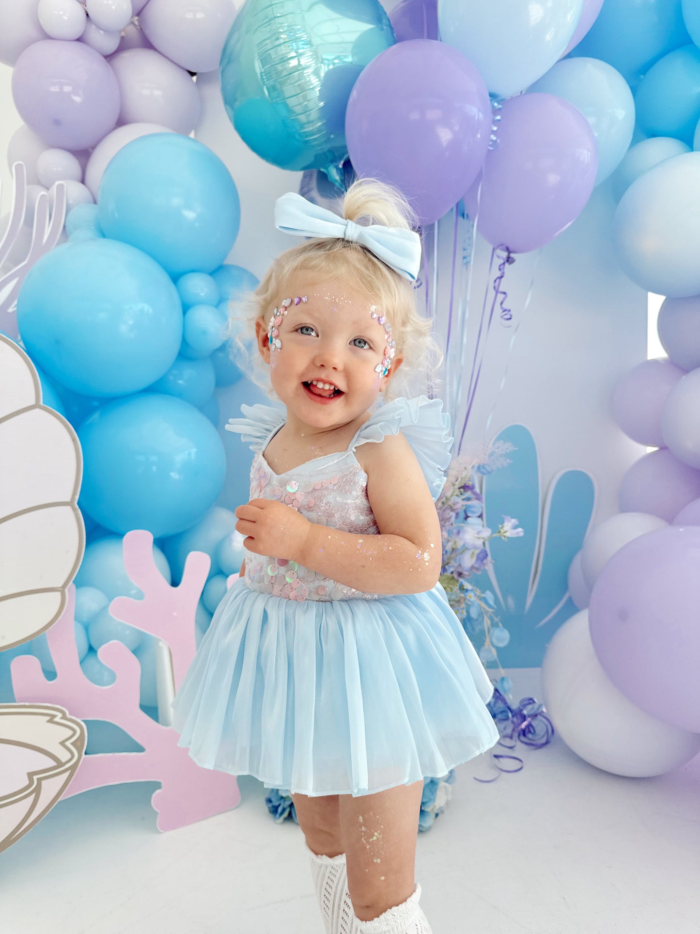 Ariel Ocean Blue Organza Sequin Baby Girl Party Romper