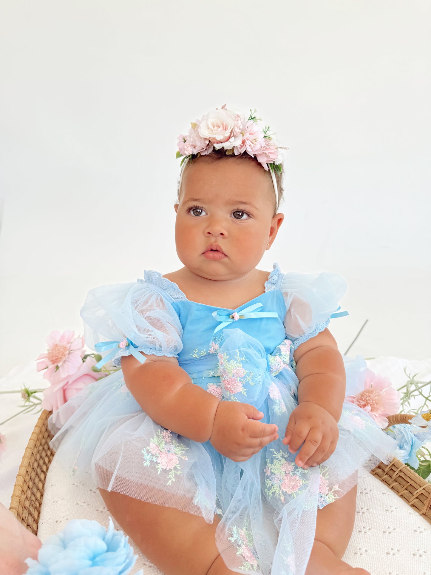 Afina Blue Embroidered Baby Girl Tulle Party Romper