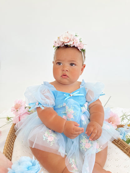 Afina Blue Embroidered Baby Girl Tulle Party Romper