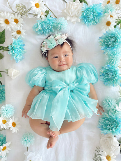 Dolly Turquoise Sky Organza Baby Girl Blue Party Romper