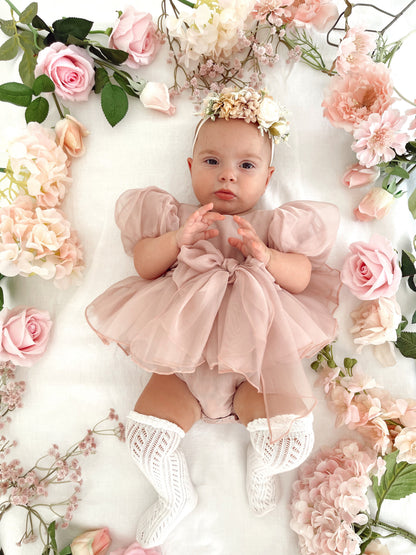 Clementine Matte Blush Rose Pink Organza Baby Girl Romper