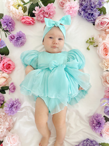 Dolly Turquoise Sky Organza Baby Girl Blue Party Romper