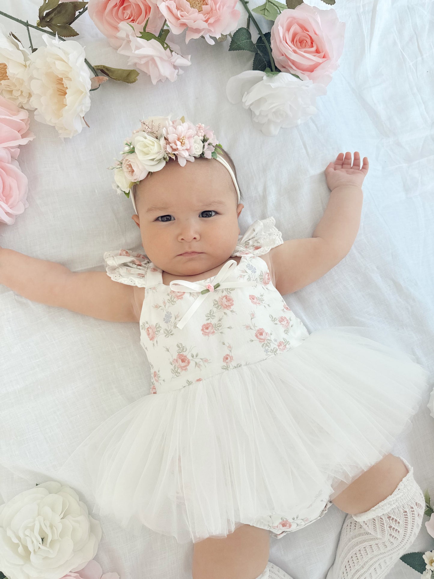 Cottage Fairy Baby Girl Floral White Tulle Party Romper