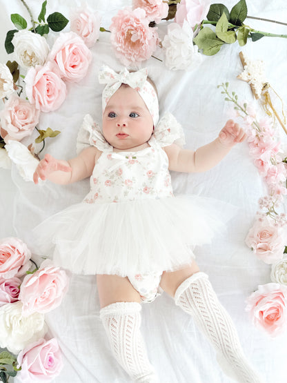 Cottage Fairy Baby Girl Floral White Tulle Party Romper
