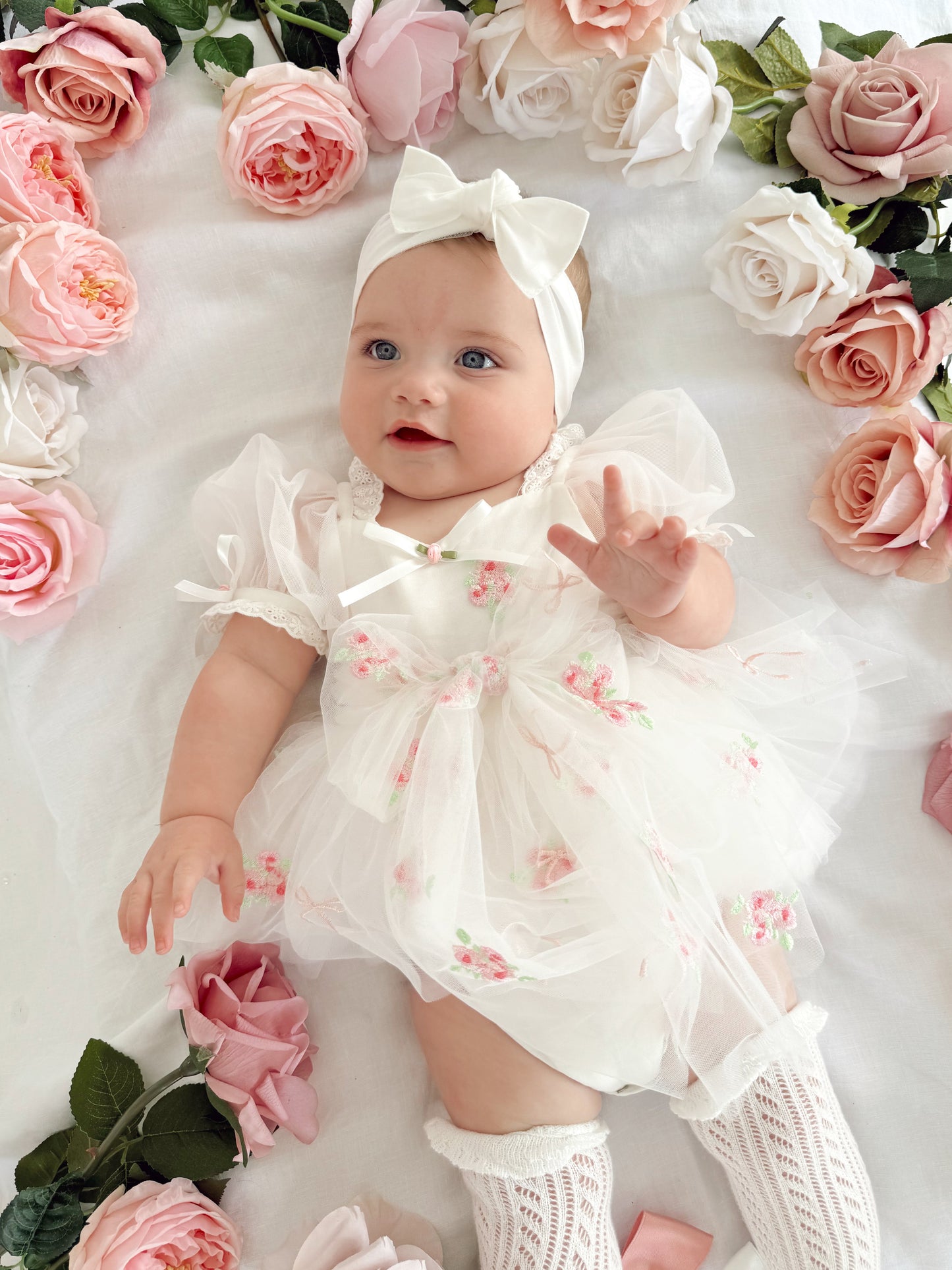 Fleur Butterfly Embroidered Baby Girl White Tulle Party Romper