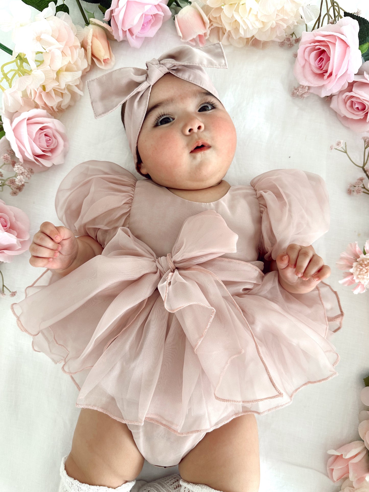 Clementine Matte Blush Rose Pink Organza Baby Girl Romper