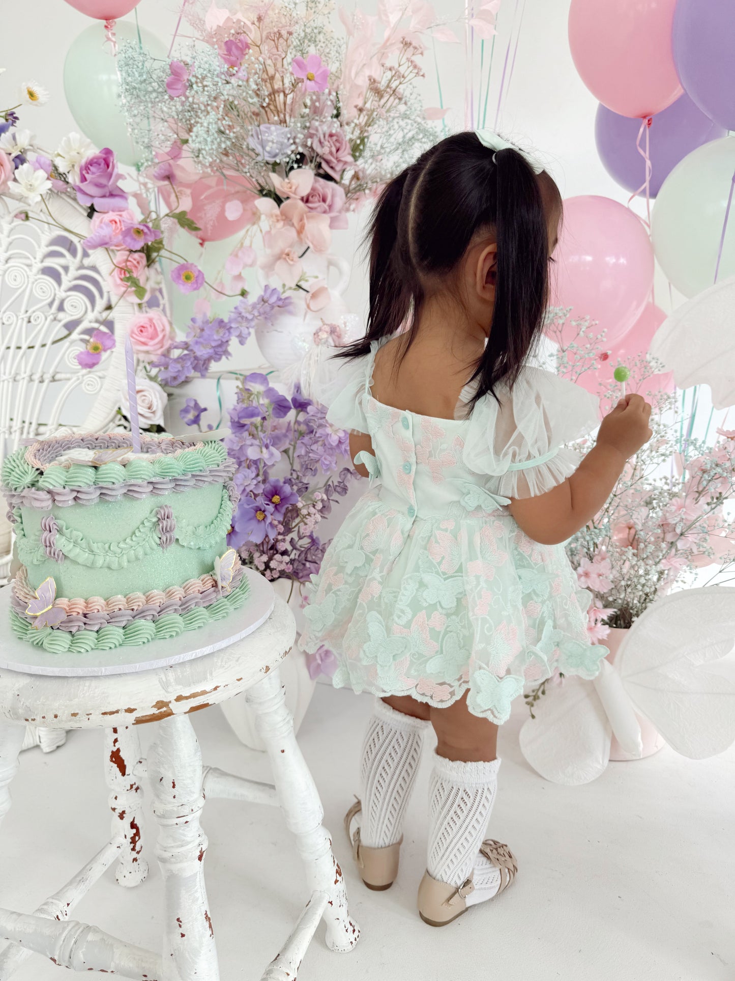 Butterfly Kisses Peppermint Pink Embroidered Baby Girl Tulle Party Romper