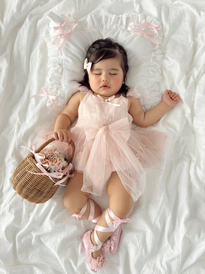 Belle Bow Perfect Pink Embroidered Baby Girl Tulle Party Romper