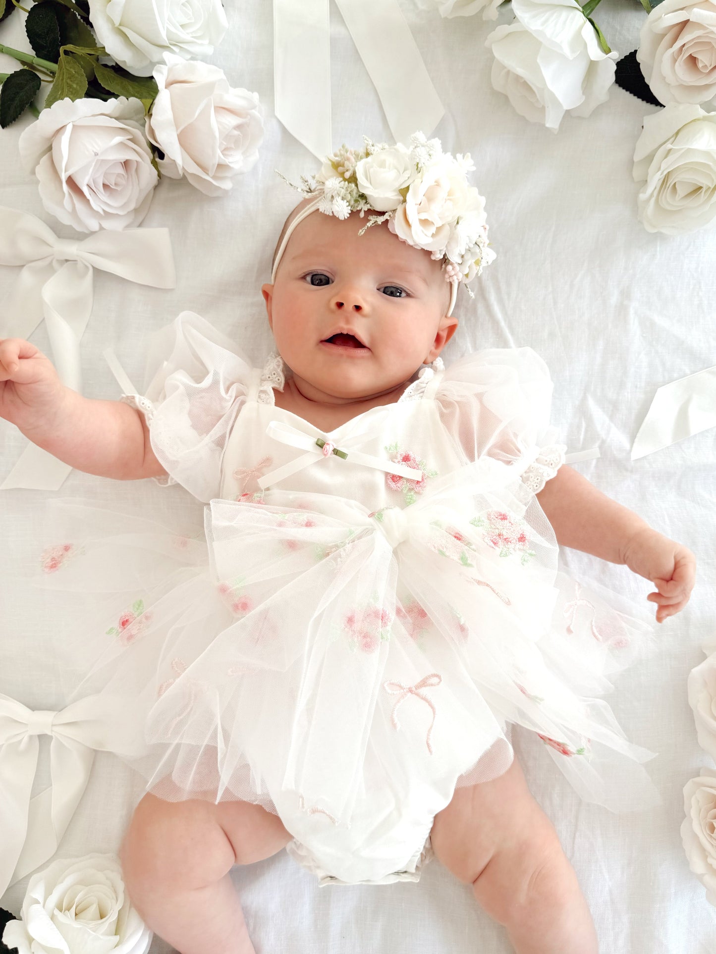 Fleur Butterfly Embroidered Baby Girl White Tulle Party Romper