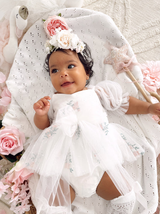 Swan Lake White Embroidered Baby Girl Tulle Party Romper