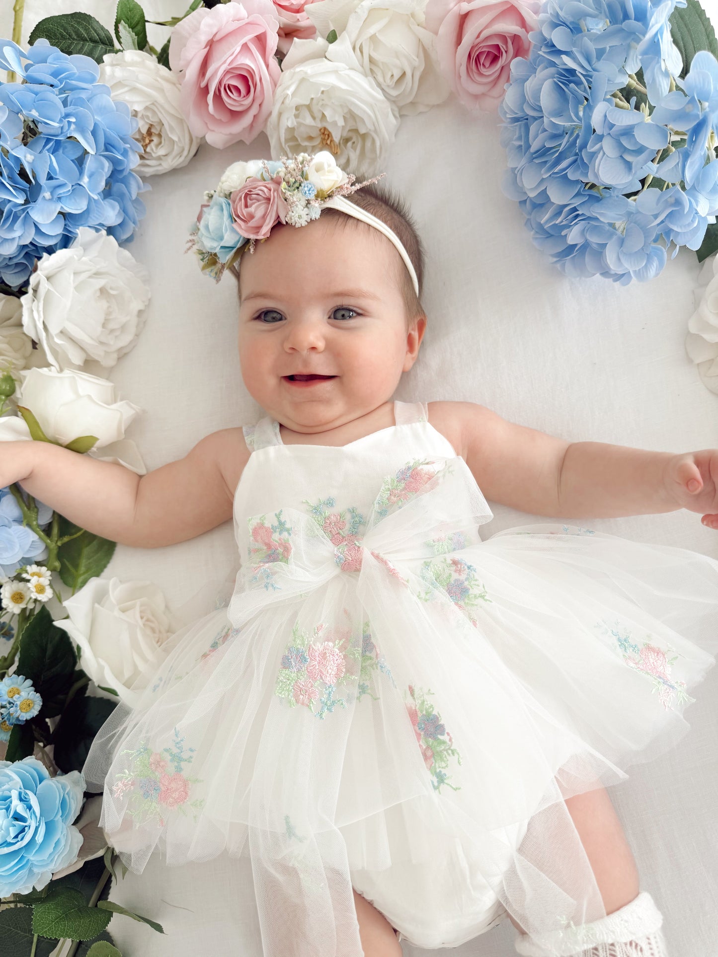 Aletta White Embroidered Baby Girl Tulle Party Romper