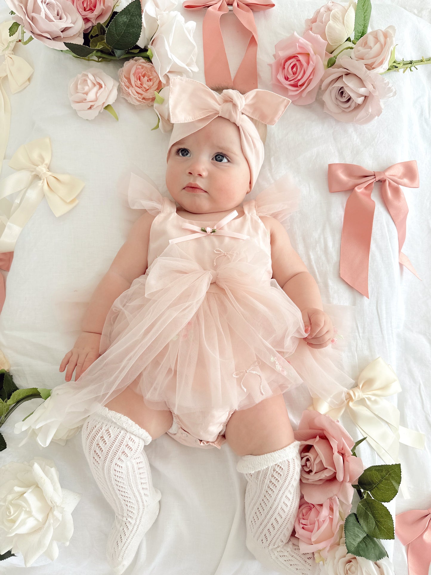 Belle Bow Perfect Pink Embroidered Baby Girl Tulle Party Romper