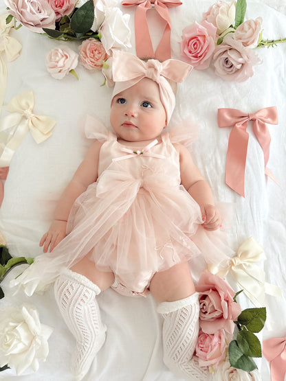 Belle Bow Perfect Pink Embroidered Baby Girl Tulle Party Romper