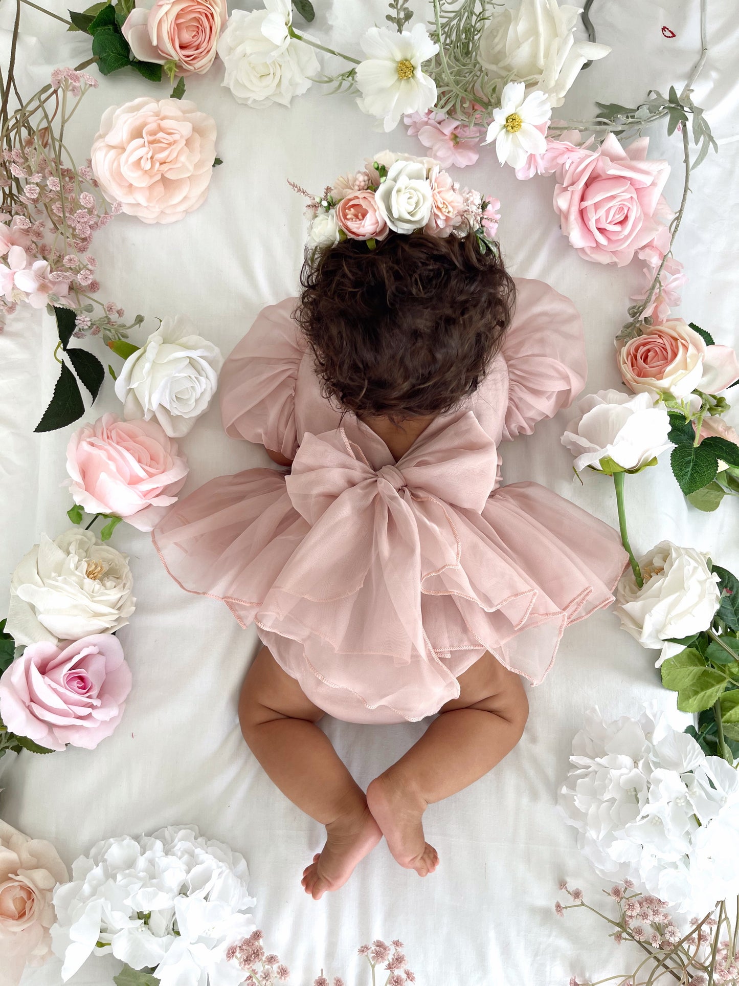 Clementine Matte Blush Rose Pink Organza Baby Girl Romper