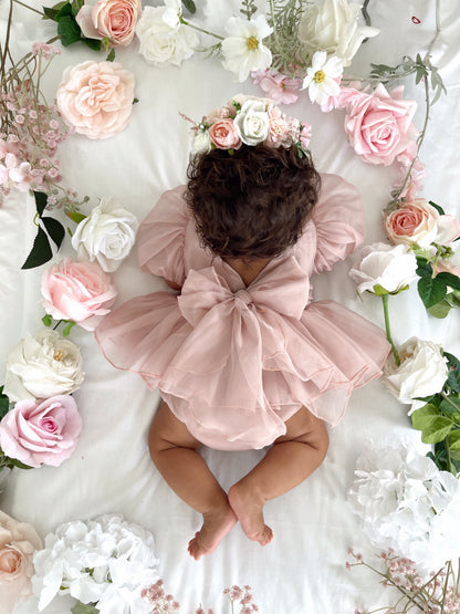 Clementine Matte Blush Rose Pink Organza Baby Girl Romper