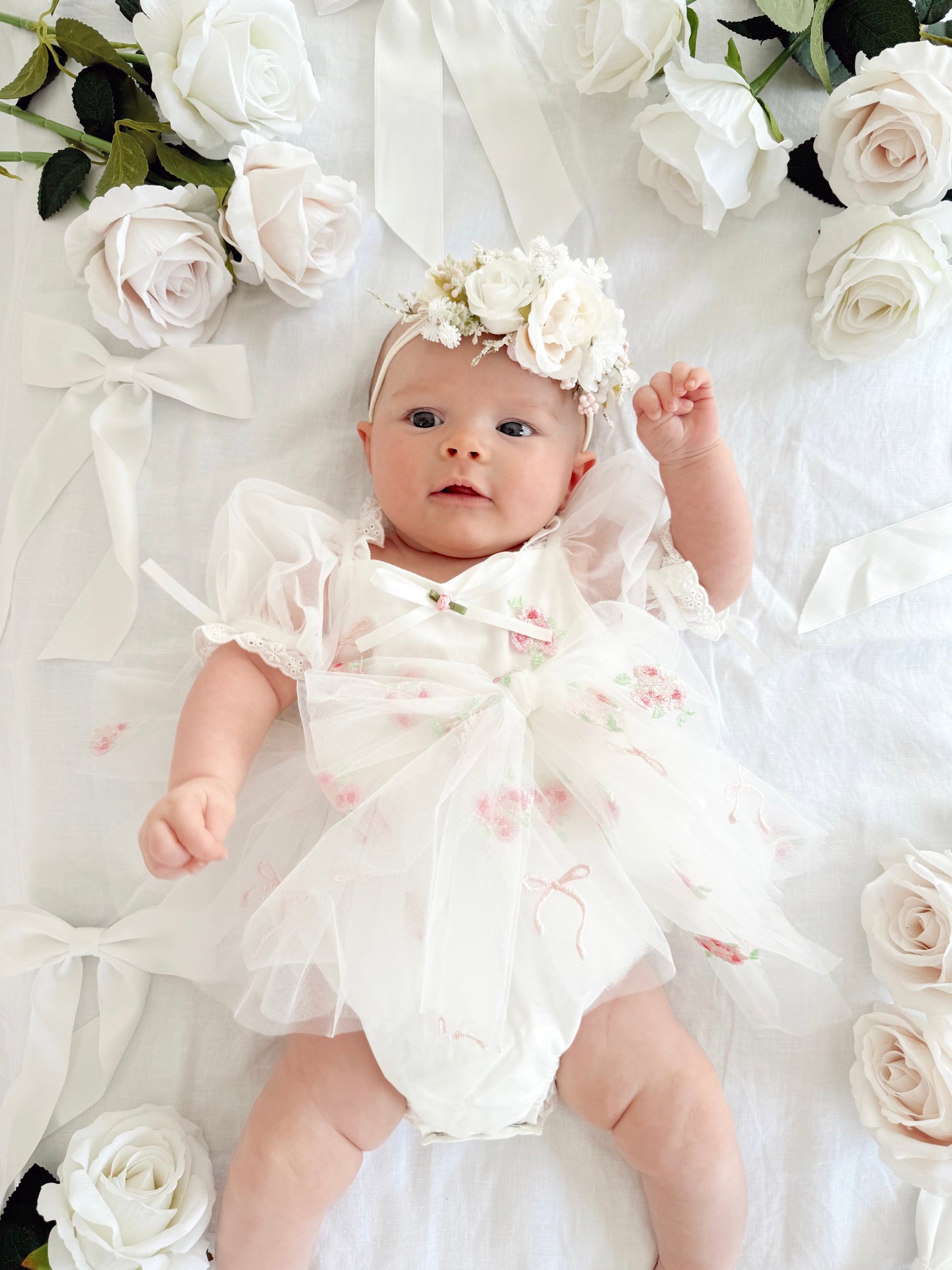 Fleur Butterfly Embroidered Baby Girl White Tulle Party Romper