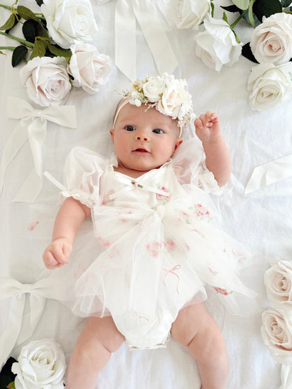 Fleur Butterfly Embroidered Baby Girl White Tulle Party Romper