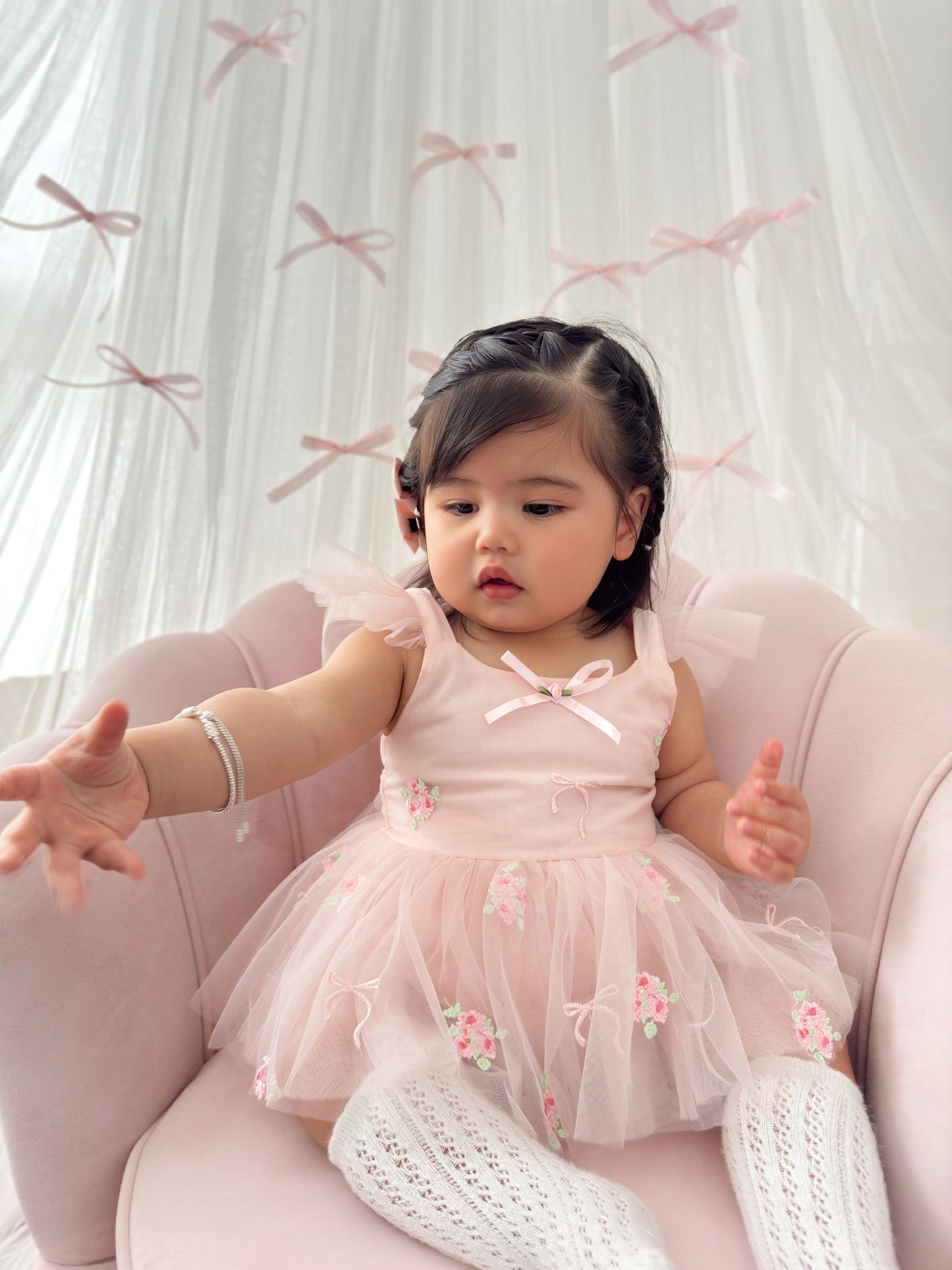 Belle Bow Perfect Pink Embroidered Baby Girl Tulle Party Romper