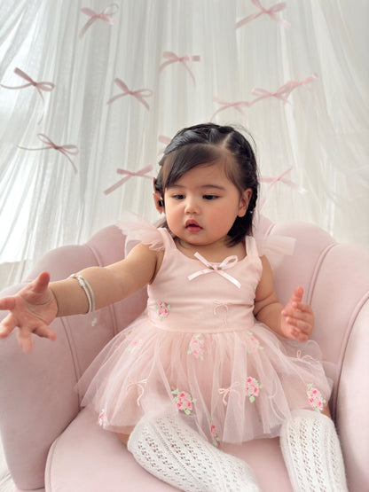 Belle Bow Perfect Pink Embroidered Baby Girl Tulle Party Romper