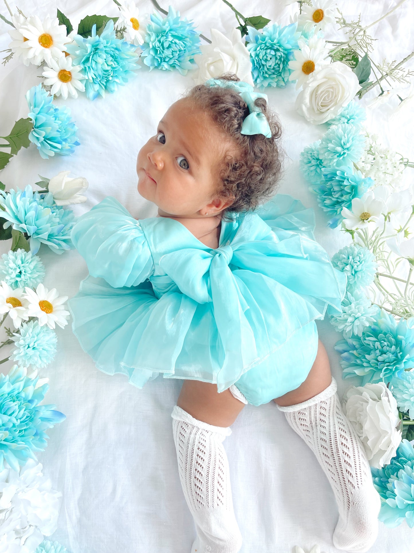 Dolly Turquoise Sky Organza Baby Girl Blue Party Romper