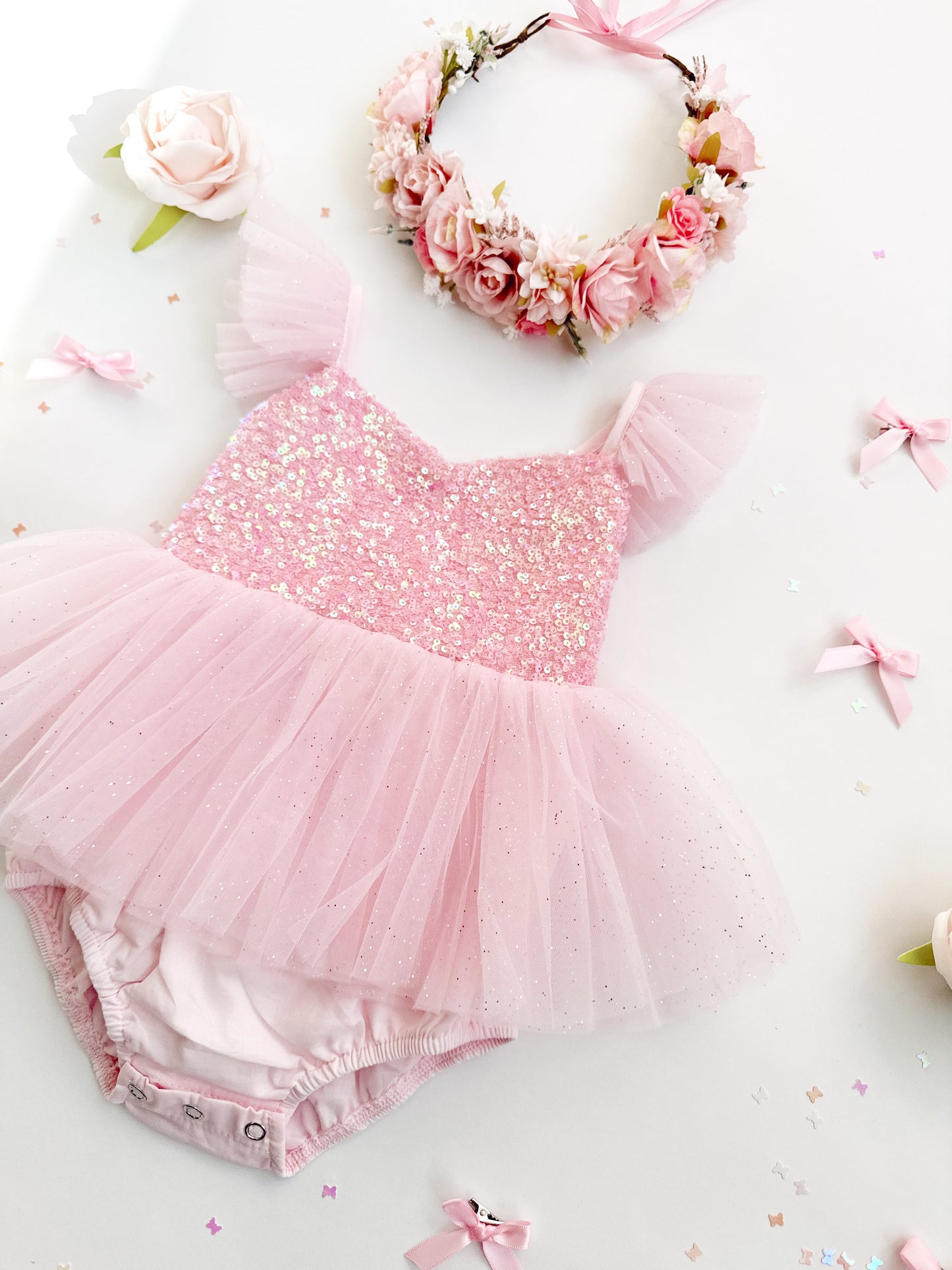 Polly Candy Pink Sequin Baby Girl Tulle Party Romper