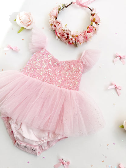 Polly Candy Pink Sequin Baby Girl Tulle Party Romper