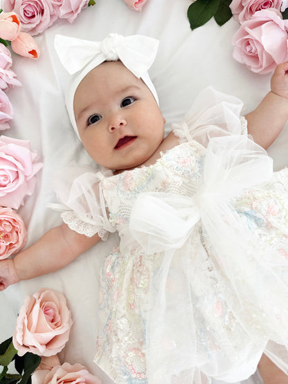 Josephine Lace Blossom Baby Girl Sequin White Tulle Party Romper