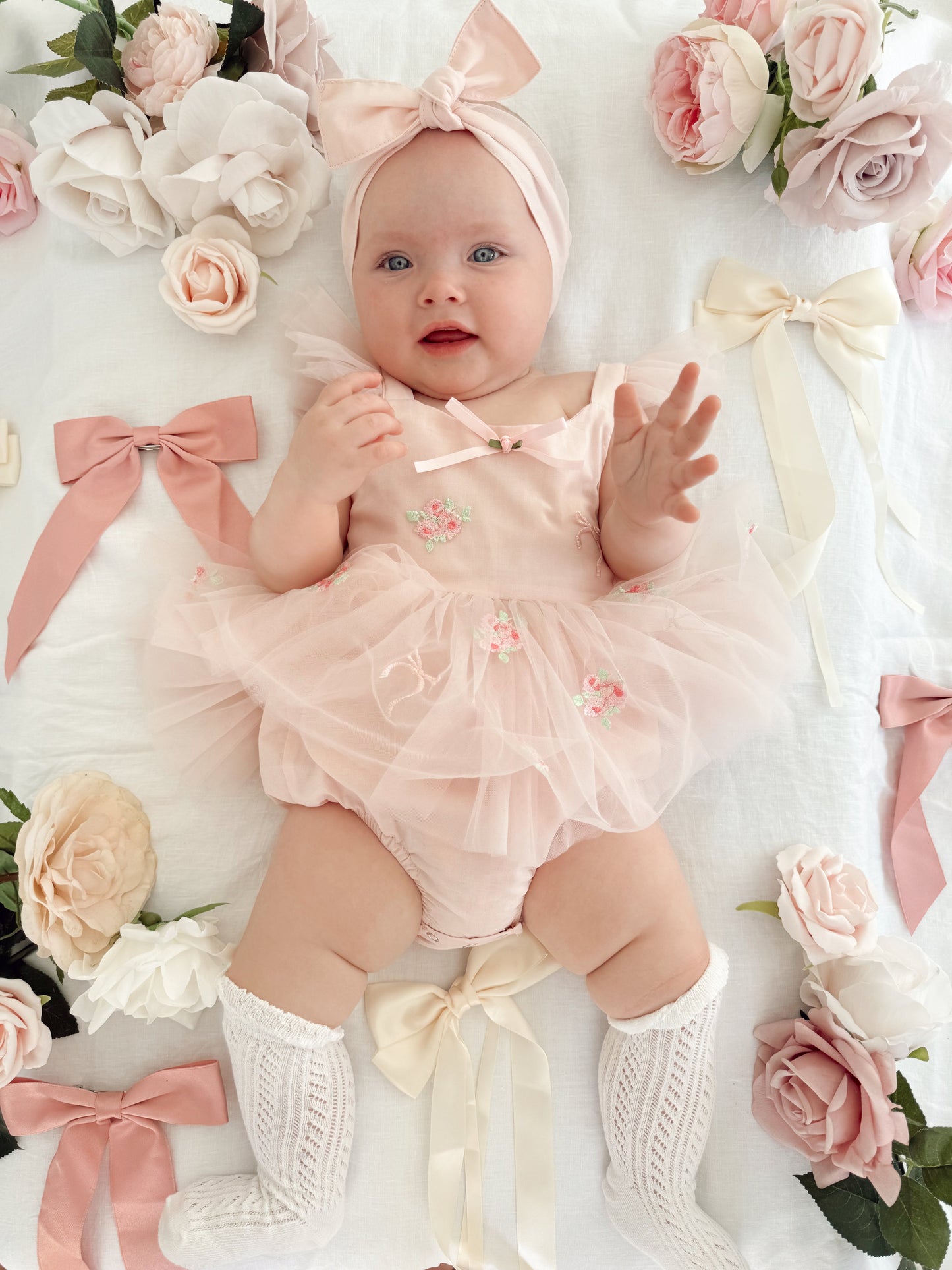 Belle Bow Perfect Pink Embroidered Baby Girl Tulle Party Romper