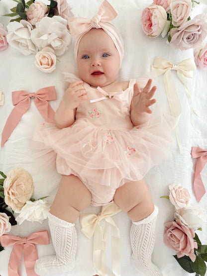 Belle Bow Perfect Pink Embroidered Baby Girl Tulle Party Romper