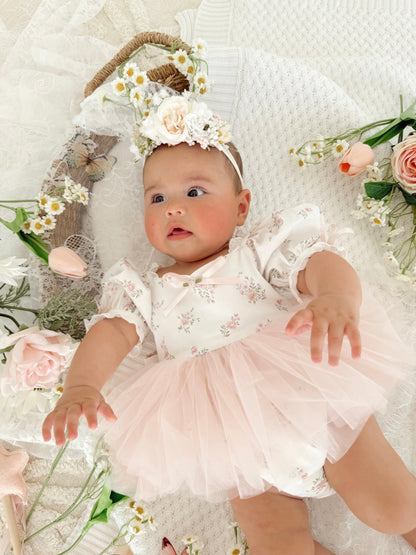 Odessa Flower Perfect Pink Floral Baby Girl Tulle Party Romper