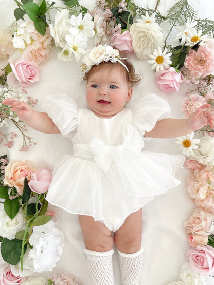 Clementine Matte White Organza Baby Girl Romper