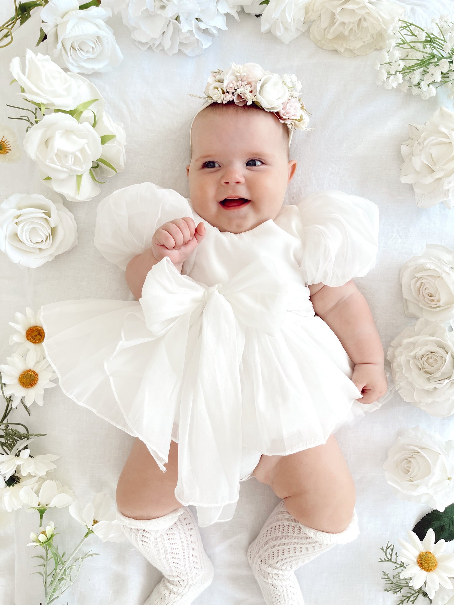 Clementine Matte White Organza Baby Girl Romper