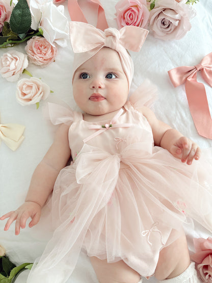 Belle Bow Perfect Pink Embroidered Baby Girl Tulle Party Romper